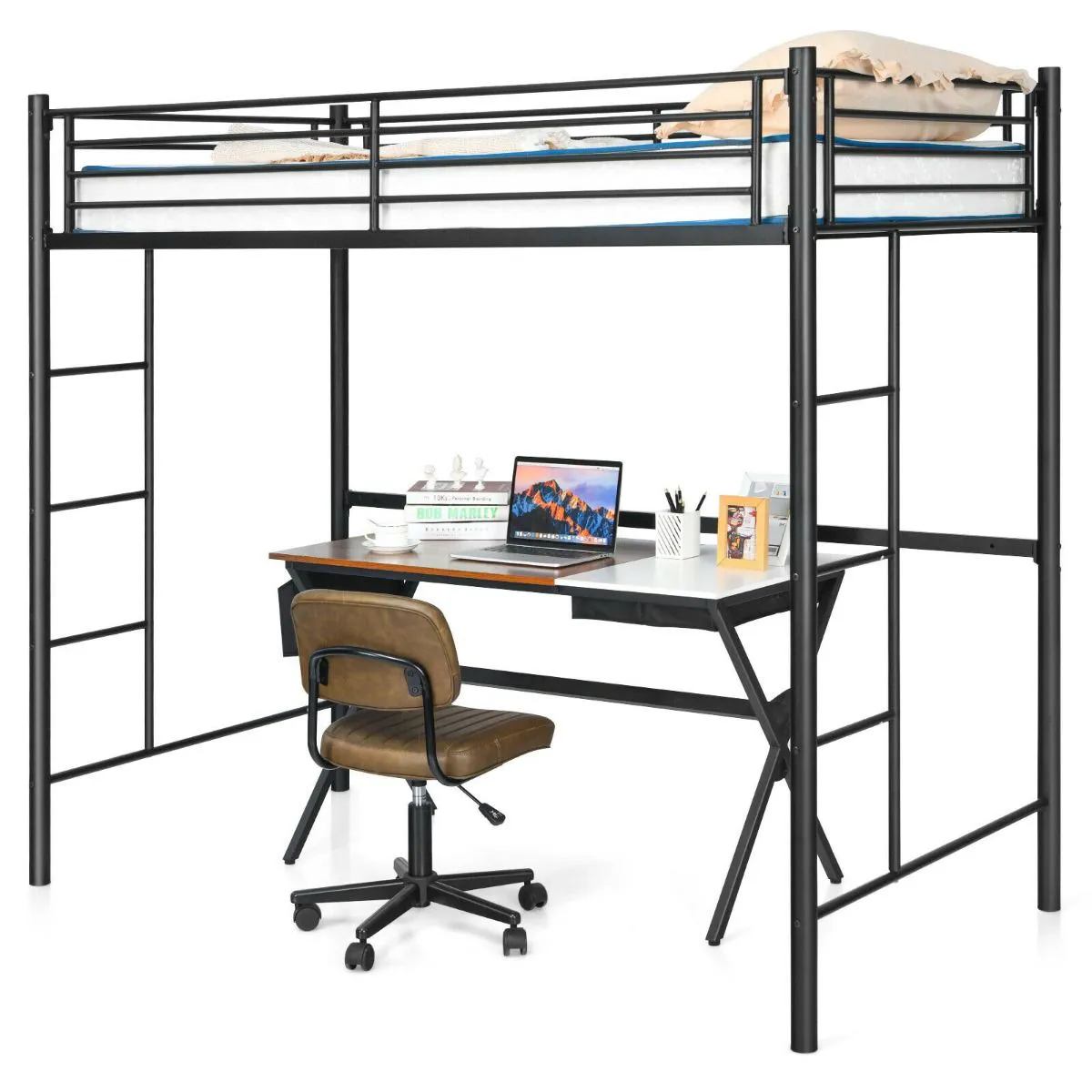 Twin Metal Loft Bed Frame with Safety Guardrail for Kids and Adults