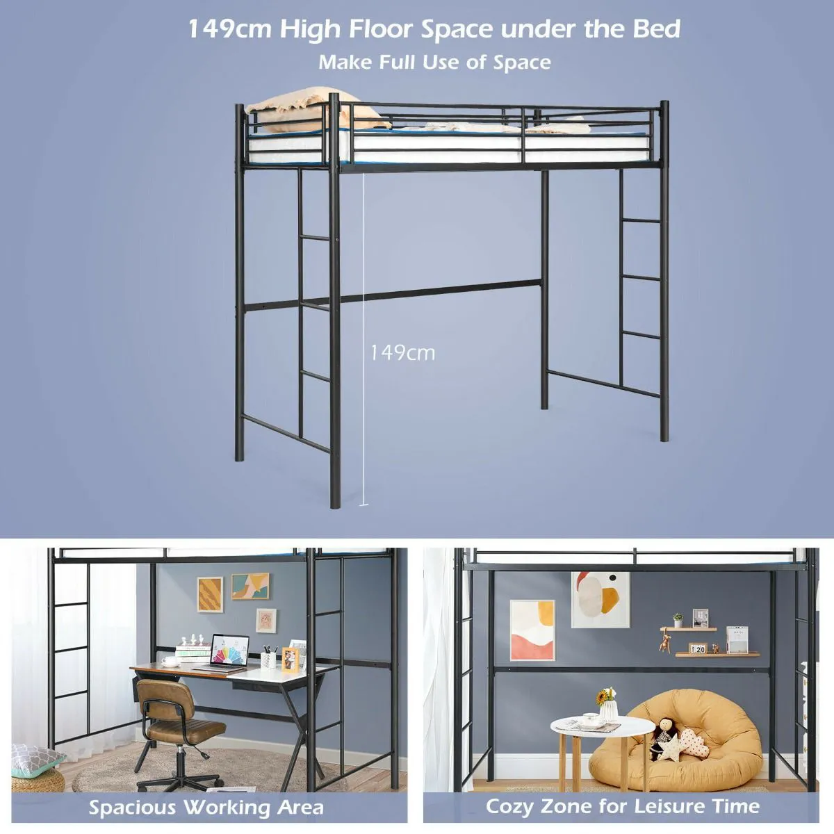 Twin Metal Loft Bed Frame with Safety Guardrail for Kids and Adults