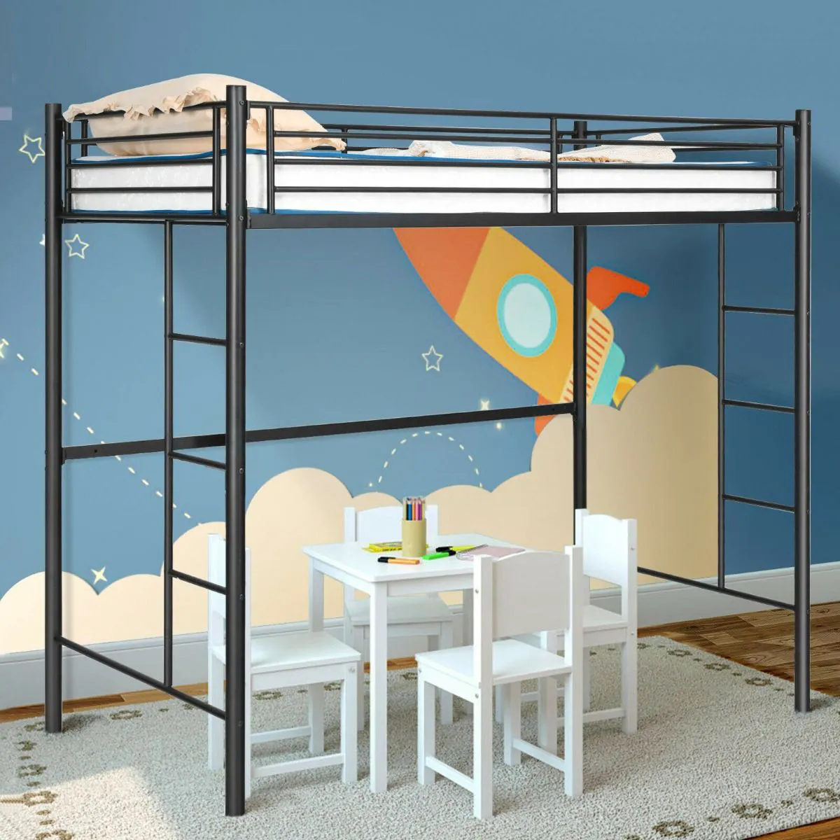 Twin Metal Loft Bed Frame with Safety Guardrail for Kids and Adults