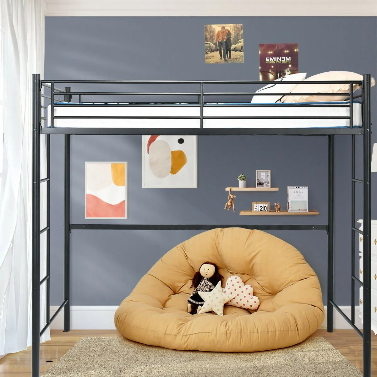 Twin Metal Loft Bed Frame with Safety Guardrail for Kids and Adults